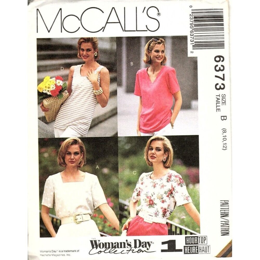 McCalls 6373 Misses 8 to 12 Easy 1 Hour Tops Vintage Uncut Sewing Pattern